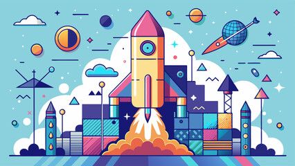 Sticker - Rocket launch. Business startup concepts form lines, triangles, and particle-style designs. Illustration vector