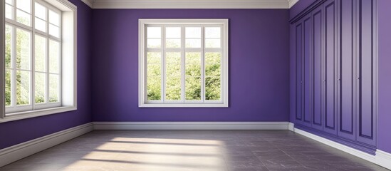 Poster - Empty room featuring purple painted walls a stoneware floor a built in wardrobe with painted doors and a white aluminum window. with copy space image. Place for adding text or design