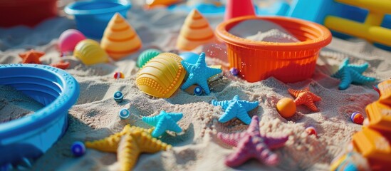 Poster - Multicolored children s toy set for summer activities in a sandbox or at the sandy beach on a blue and yellow background Top view Flat lay Concept Template for your text or design