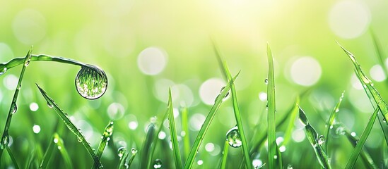 Fototapete - Close up of fresh grass with dew drops A drop hangs from the grass Spring themed image for the background. with copy space image. Place for adding text or design