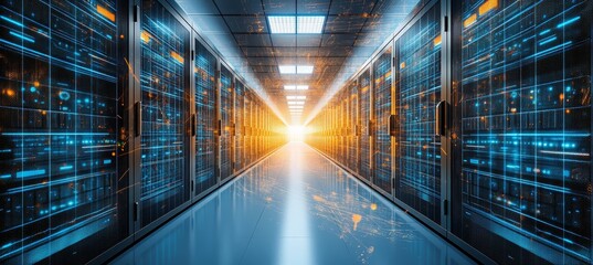 Poster - Data Center Corridor with Glowing Server Racks and Bright Light at the End, Technology Background