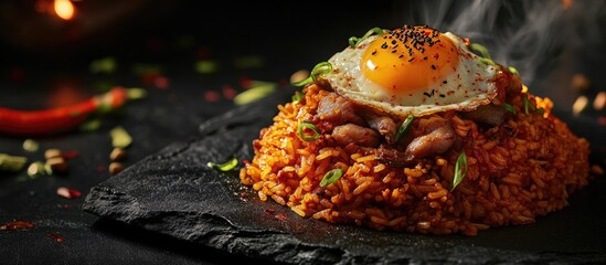 Poster - Tasty volcanic shaped fried rice with egg and spicy sauce featuring pork and squid a well known South Korean dish at a restaurant in Jeju Island close up. with copy space image