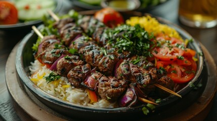 Wall Mural - Turkish Kebab: Skewers of grilled Turkish kebab with lamb or chicken, served with rice and salad.