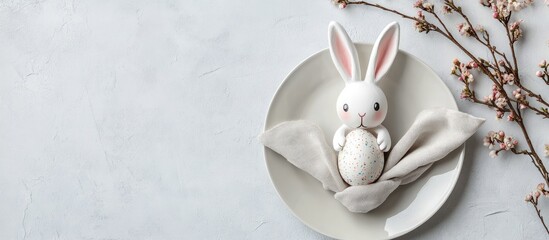Poster - Festive table arrangement featuring a bunny made from a painted egg and a napkin on a light grey background flat lay with room for text Easter celebration. with copy space image