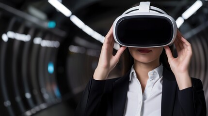 Poster - A woman adjusts her virtual reality headset while immersing herself in a digital experience within a sleek, illuminated tunnel