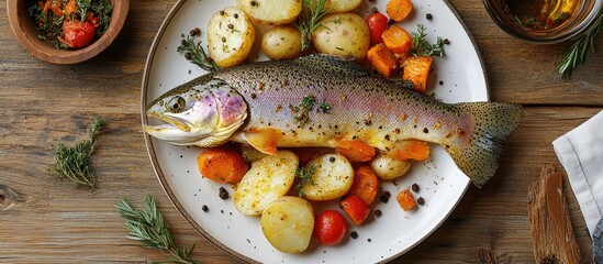 Poster - Modern style traditional steamed rainbow trout with boiled potatoes and carrot slices presented from a top view on a decorative plate with copy space