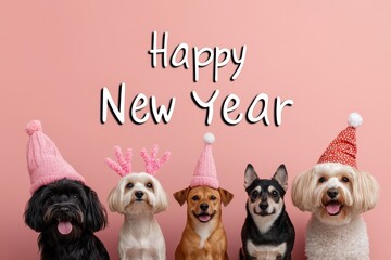 Wall Mural - Pet Celebration Collage: Photos of pets dressed in festive New Year accessories. The text 