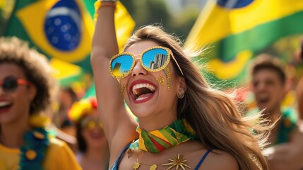 Brazilian Independence Day parade with colorful floats, vibrant costumes, and joyful crowds, sense of national pride and cultural celebration, flags waving in the sunlight