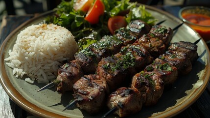 Wall Mural - Turkish Kebab: Skewers of grilled Turkish kebab with lamb or chicken, served with rice and salad.