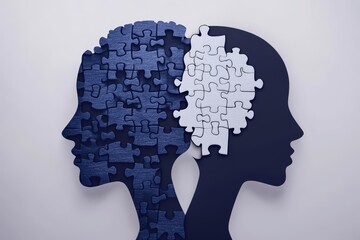 Canvas Print - Personality trait Parallel Silhouetted profile of two heads with jigsaw puzzle brains symbolizing the process of assembling thoughts and ideas in a unified structure