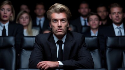 A man in a black suit with slicked-back hair takes center stage in a dark auditorium filled with an attentive audience watching intently