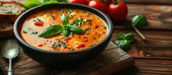 Poster - Homemade Italian tomato soup with basil and a spoonful of sour cream in a soup pot accompanied by an Italian bread roll and a tomato on a stone surface. with copy space image