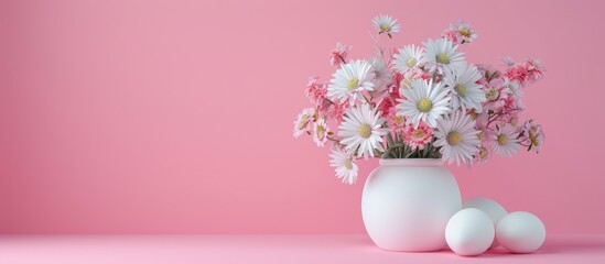 Aufkleber - bouquet of spring flowers in a vase with eggs on a pink table area for text close up view. with copy