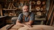 © angel_nt - A seasoned craftsman smiles warmly while resting his arms on a large wooden slab in a well-equipped workshop filled with various tools and materials, showcasing his dedication to woodworking