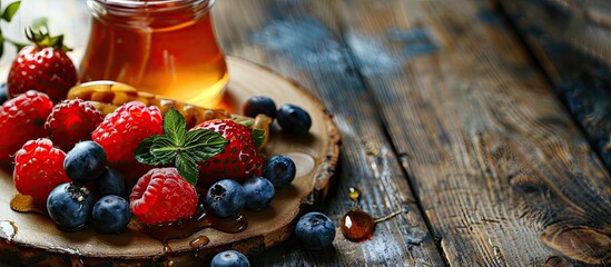 Poster - Small pancakes topped with berries and honey are featured in a close up on a wooden plate This represents pancake cereal and is part of breakfast food trends. with copy space image