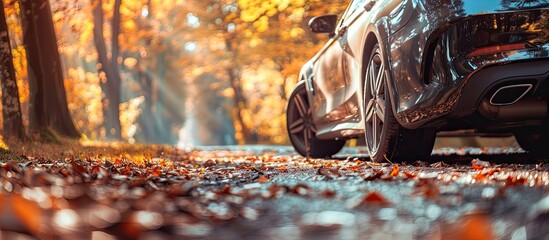 Wall Mural - Car on an asphalt road in a forest or park on an autumn day Selective focus copy space Blurred background