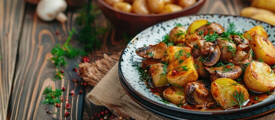 Aufkleber - Vegetables in the background A plate of fried zucchini with sauce A bowl of young boiled potatoes garnished with dill Fried chanterelle mushrooms and golden onions in a frying pan copy space