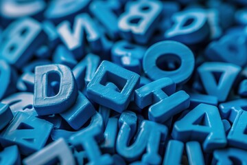 Blue plastic letters are laying on a surface, creating a random pattern