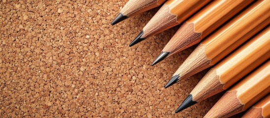 Poster - A collection of wooden pencils placed on a cork board. with copy space image. Place for adding text or design