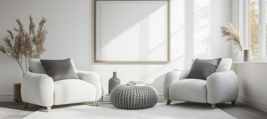 Minimalist living room interior with two armchairs, knitted pouf and decor near the window