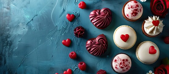 Poster - Valentine s Day A frame of rose flowers with heart shaped mousse cakes on a blue background Flat lay top view copyspace