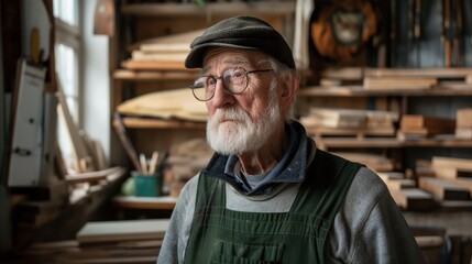 An elderly craftsman stands in a warm, rustic workshop, gazing thoughtfully as sunlight streams through the window, illuminating his surroundings filled with wood and tools