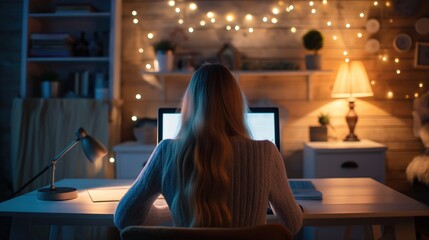 Poster - A young woman sits at her desk, focused on her laptop screen, surrounded by warm lighting and decorative elements in a cozy evening atmosphere