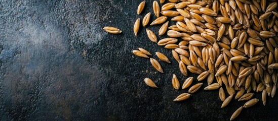 Sprouted wheat seeds on a dark metal surface Top view copy space natural lighting Horizontal arrangement Healthy vegetarian food