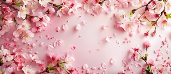 Poster - Flower arrangement Spring or summer backdrop fresh bird cherry flowers on a pink background Flat lay top view copyspace Image