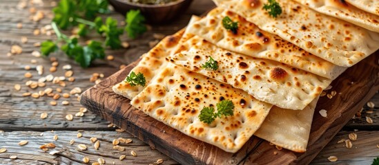 Poster - Delicious thin lavash on a green wooden background. with copy space image. Place for adding text or design