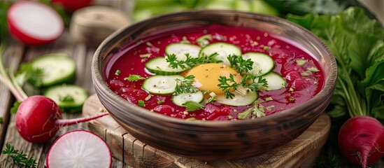 Leinwandbilder - Cold vegetable soup featuring beet cucumber radish and egg on a wooden table. with copy space image. Place for adding text or design
