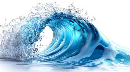 Wall Mural - Blue Ocean Wave Crashing Isolated on White Background