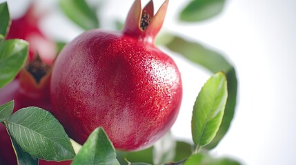 A close-up of a ripe pomegranate among green leaves, showcasing its vibrant color and texture.