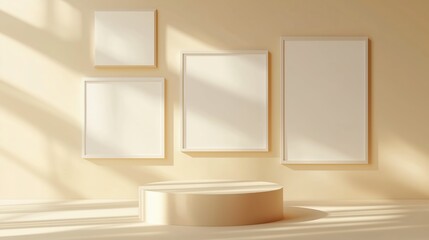 Poster - Minimalist gallery interior with empty frames and spotlighting in a soft pastel hue during daylight