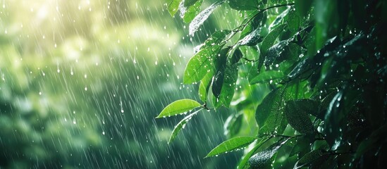 Fototapete - Rain showers fall on tree leaves capturing close up rainfall in the jungle Heavy rain descends on forest foliage with droplets resting on green leaves creating a rainy day ambiance in the tropical fo