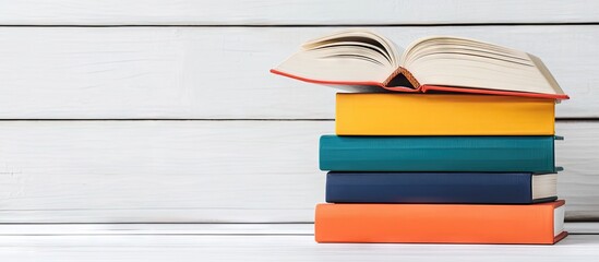 Poster - Open hardback books in various colors are placed on a wooden table against a white background Back to school Copy space for text Education business concept