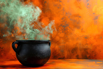 Witch's cauldron brews a potion with green smoke on an orange background. Design template for Halloween, children's parties and St. Patrick's Day. Copyspace