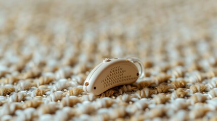 Close-up of a beige hearing aid placed on a textured surface, highlighting assistive technology for hearing impairment.