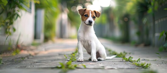 Poster - A cute Jack Russell Terrier dog sits playfully on the sidewalk Pet portrait with selective focus and copyspace for text