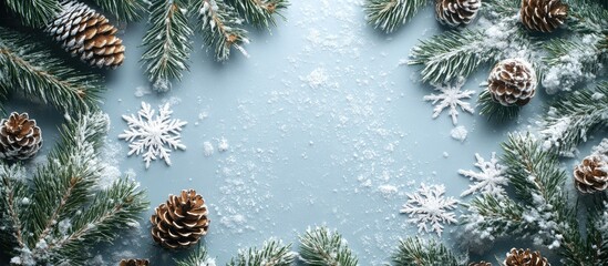 Poster - Winter background featuring Christmas pines and decorative snowflakes. with copy space image. Place for adding text or design
