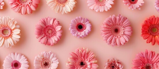 Poster - Soft beige gerbera flowers arranged in a row on a pink background A minimal modern floral concept featuring a frame Top view with pastel shades and copyspace