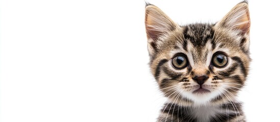 Poster - Portrait of an adorable European kitten set against a white background Animal portrait. with copy space image. Place for adding text or design