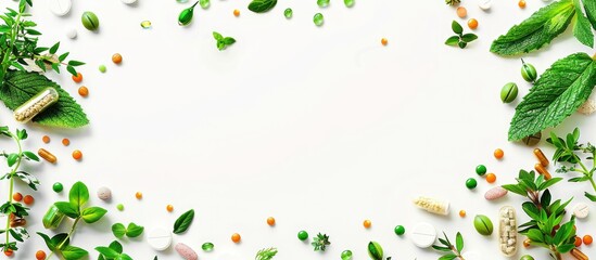 Aufkleber - Colorful circular pills and herbs on a white background. with copy space image. Place for adding text or design