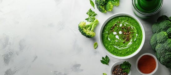 Fototapete - Prepare green cream soup with vegetables Broccoli spices and a blender on a white table top view copy space