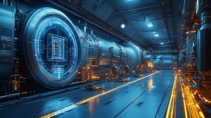 Blueprint of futuristic power plant with energy production systems machinery layouts and structural details