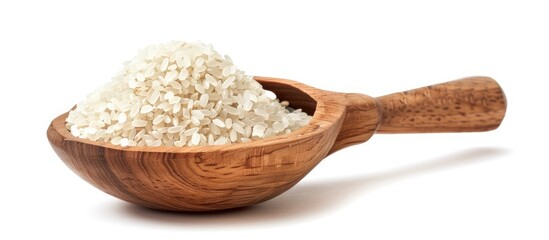 Aufkleber - Wooden scoop and a mound of long parboiled rice isolated on a white background Copy space High resolution product Healthy food idea