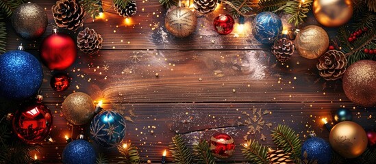 Poster - A stunning Christmas tree adorned with red and golden decorations set against a blue painted wooden background Copy space selective focus flat lay
