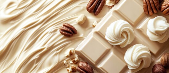 Fototapete - White chocolate with a nut textured background. with copy space image. Place for adding text or design
