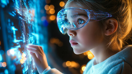 Wall Mural - A young girl wars VR glasses, engaged in an online educational experience. The concept of the future of learning, technology in education, and immersive virtual reality for kids. Generative AI.