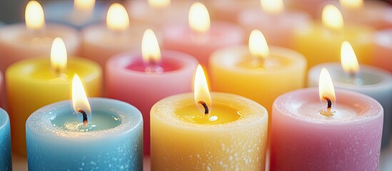 Poster - White candle background for design colorful celebration candle with a close up view pink yellow white and blue candles arranged in the background. with copy space image